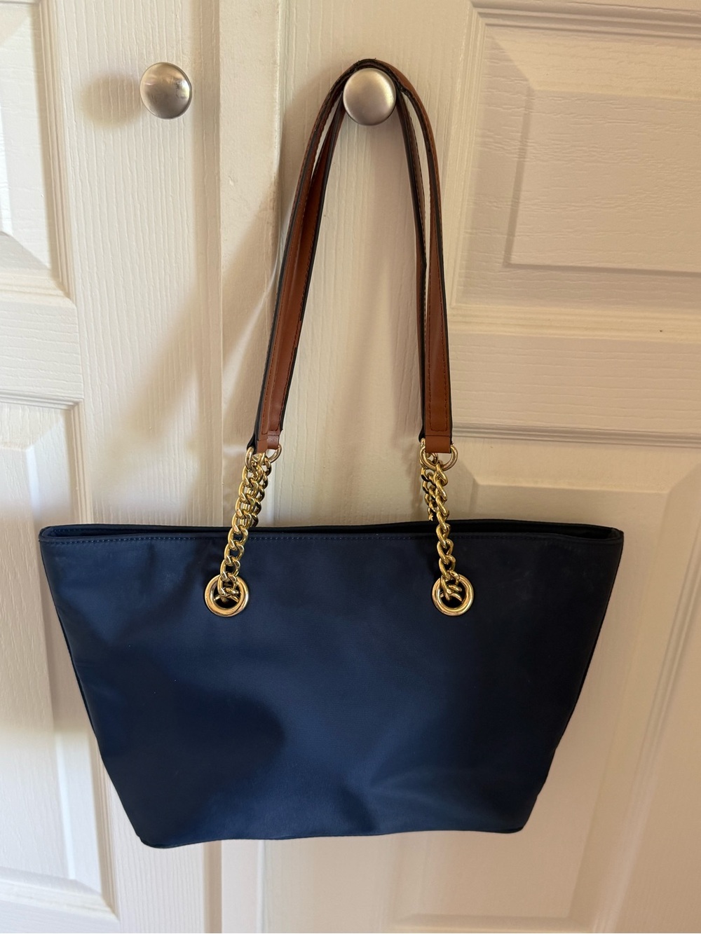 Calvin Klein Navy Tote with Brown Handles and Gold Hardware - Picture 2 of 10